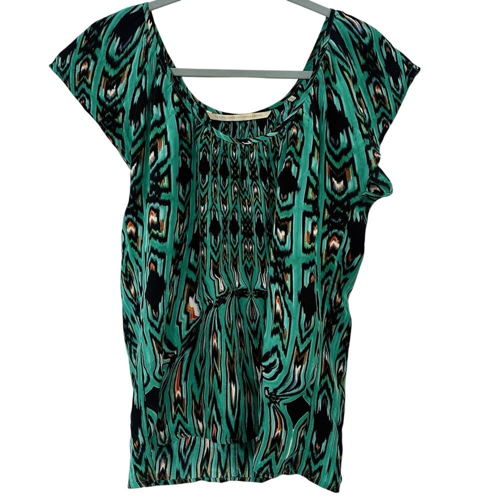 Twelfth Street Cynthia Vincent Silk Ikat Blouse Top Teal Boho Smocked Flutter S